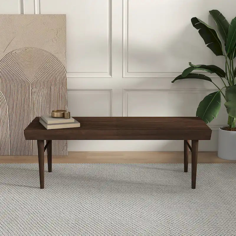 Mid-Century Solid Wood Upholstered Bench with Tapered Legs - Brown