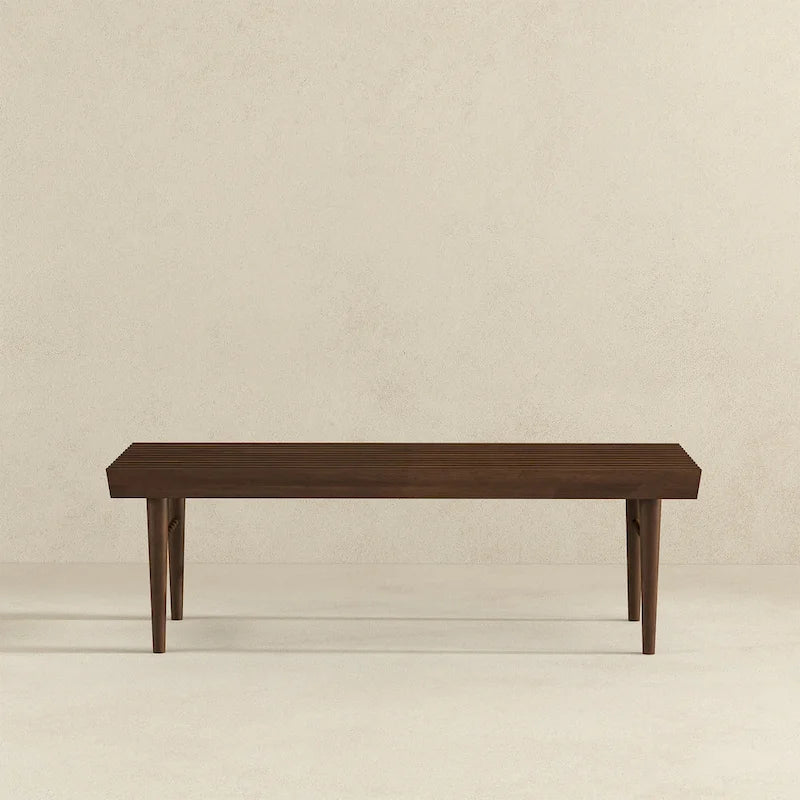 Mid-Century Solid Wood Upholstered Bench with Tapered Legs - Brown