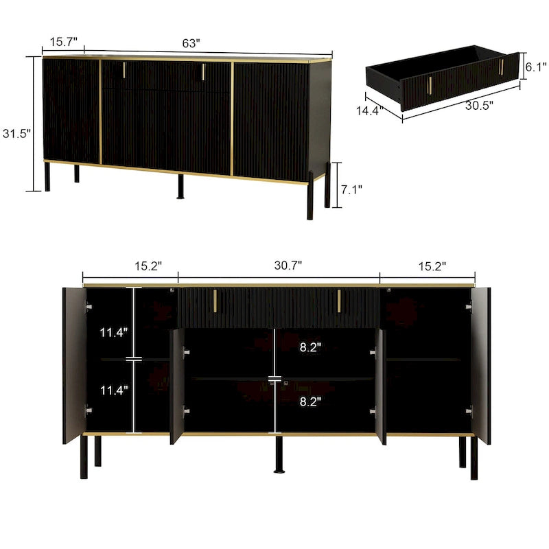 Kitchen Sideboard Accent Storage Cabinet with 2 Drawers and 3 Cabinets