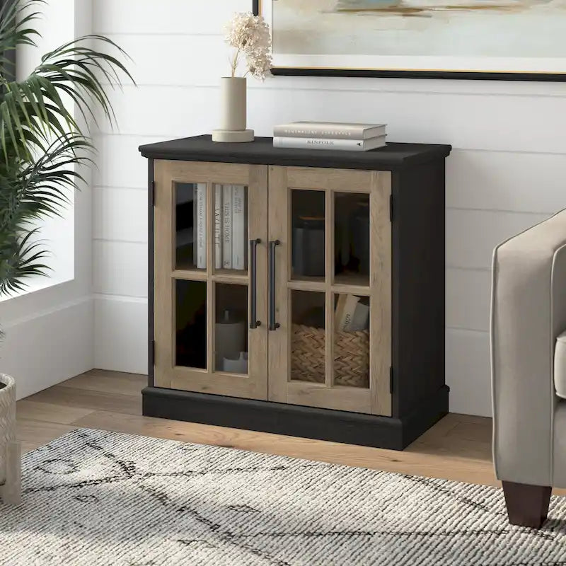 32W Storage Cabinet with Glass Doors, Adjustable Shelf and Black Handles