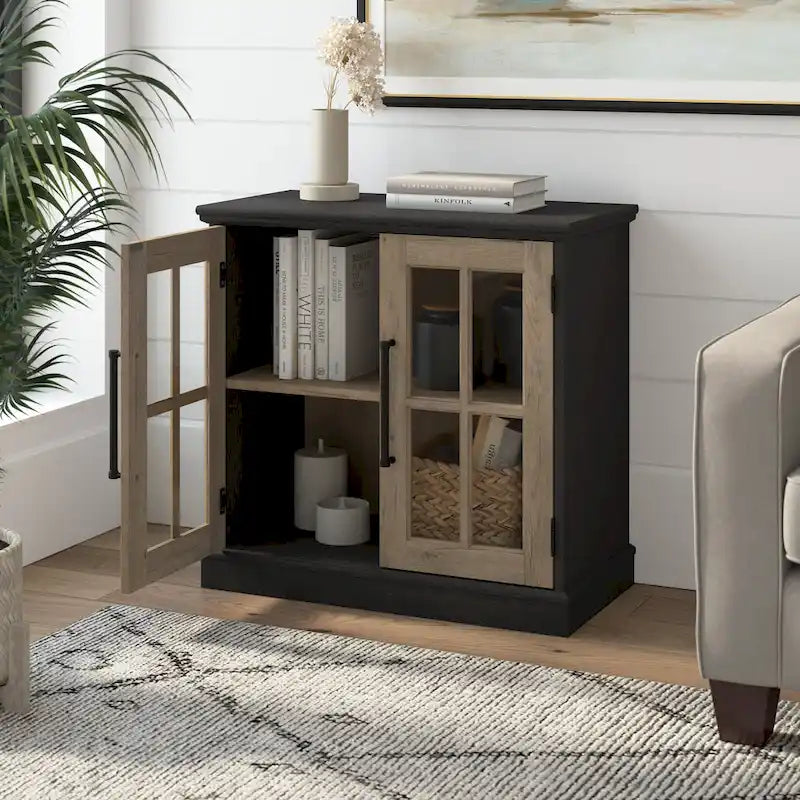 32W Storage Cabinet with Glass Doors, Adjustable Shelf and Black Handles