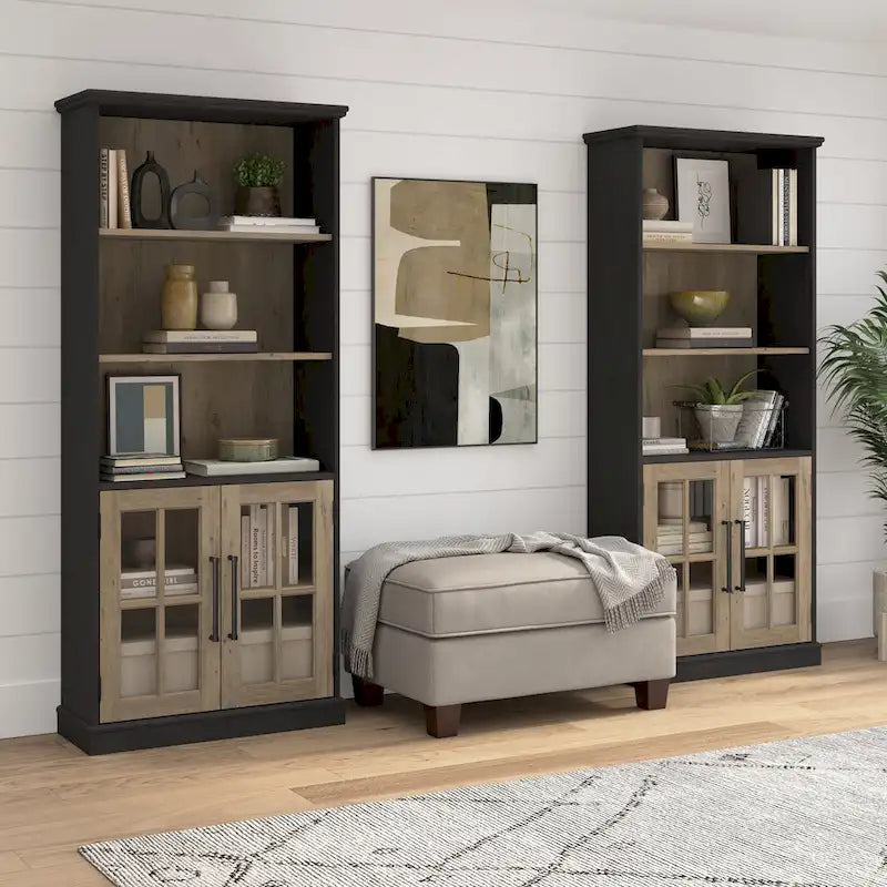32W Storage Cabinet with Glass Doors, Adjustable Shelf and Black Handles