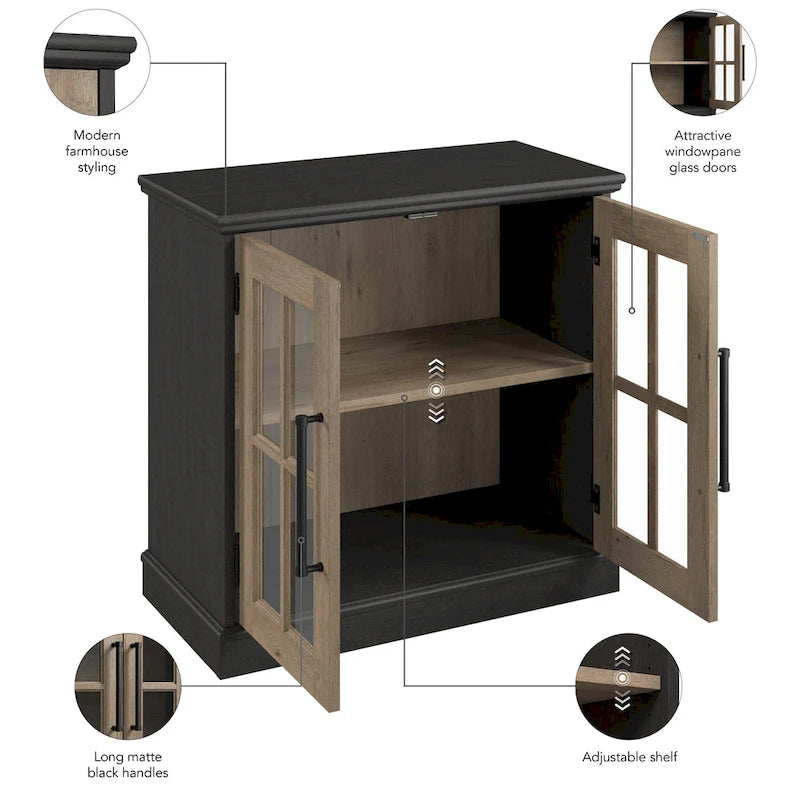32W Storage Cabinet with Glass Doors, Adjustable Shelf and Black Handles