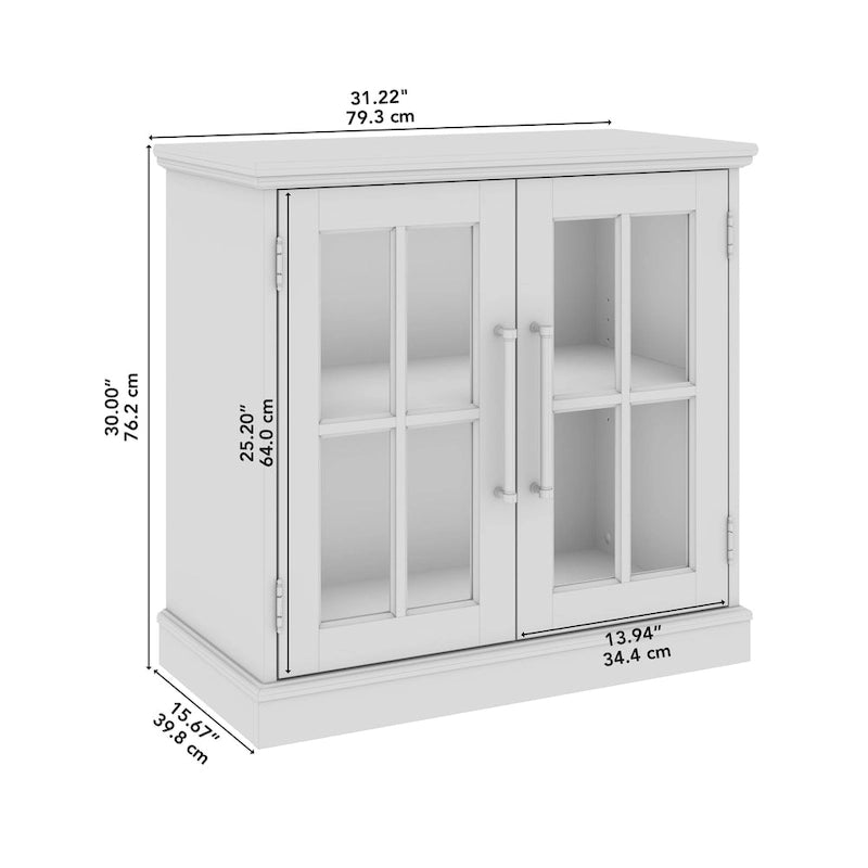 32W Storage Cabinet with Glass Doors, Adjustable Shelf and Black Handles