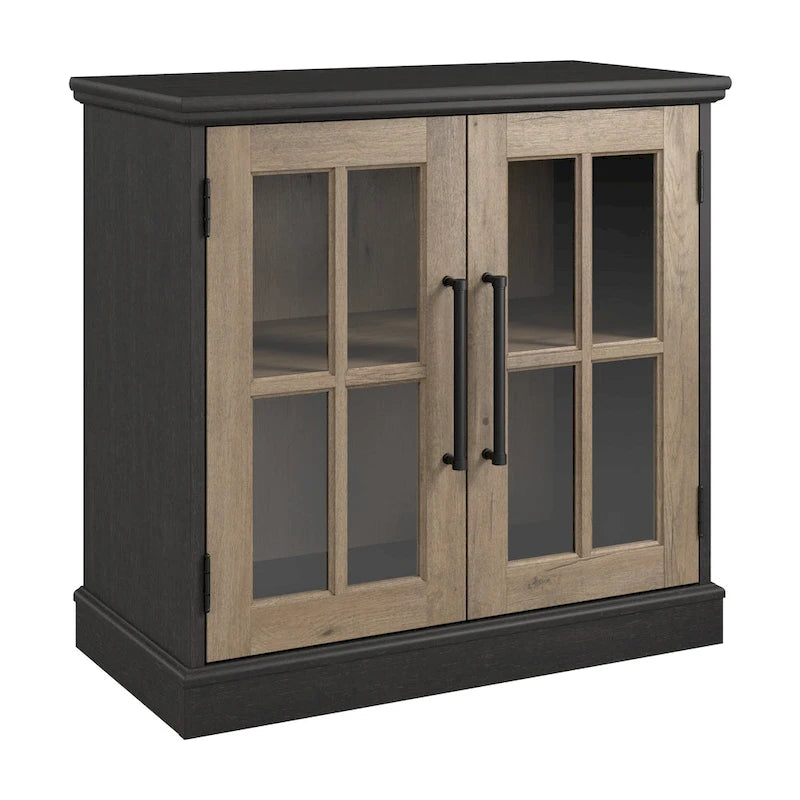 32W Storage Cabinet with Glass Doors, Adjustable Shelf and Black Handles