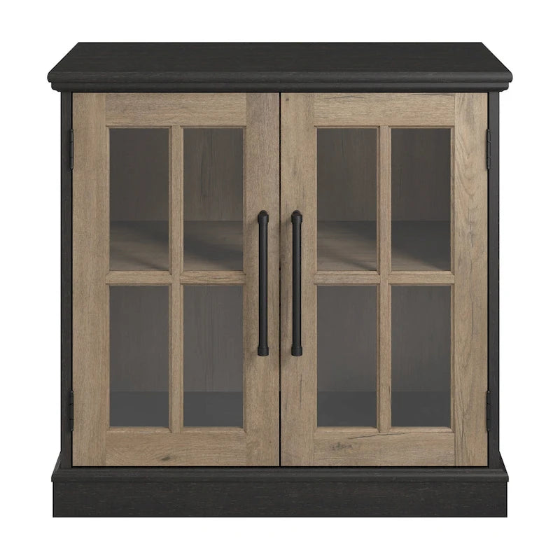 32W Storage Cabinet with Glass Doors, Adjustable Shelf and Black Handles