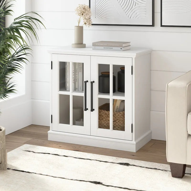 32W Storage Cabinet with Glass Doors, Adjustable Shelf and Black Handles