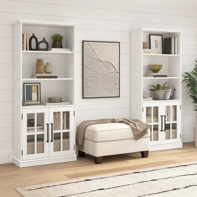 32W Storage Cabinet with Glass Doors, Adjustable Shelf and Black Handles