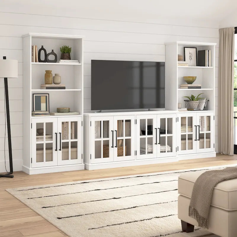 32W Storage Cabinet with Glass Doors, Adjustable Shelf and Black Handles