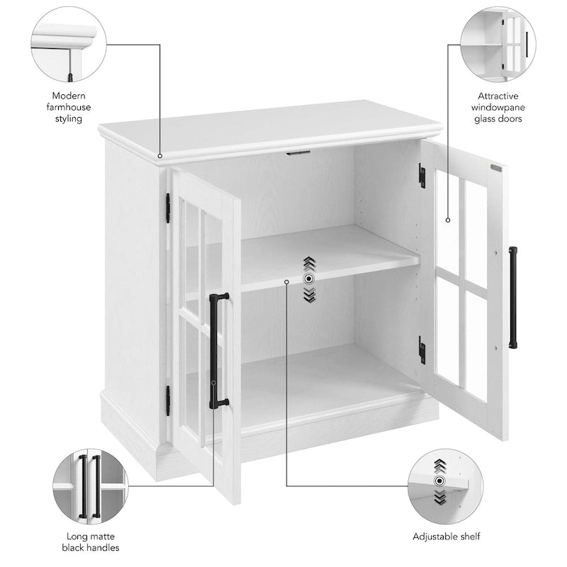32W Storage Cabinet with Glass Doors, Adjustable Shelf and Black Handles