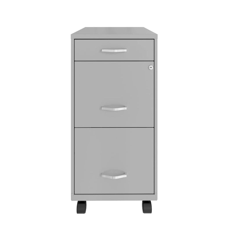 3-Drawer Metal File Cabinet 18in Deep - Silver, with Wheels and Lock