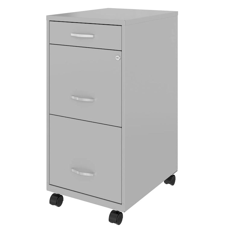 3-Drawer Metal File Cabinet 18in Deep - Silver, with Wheels and Lock