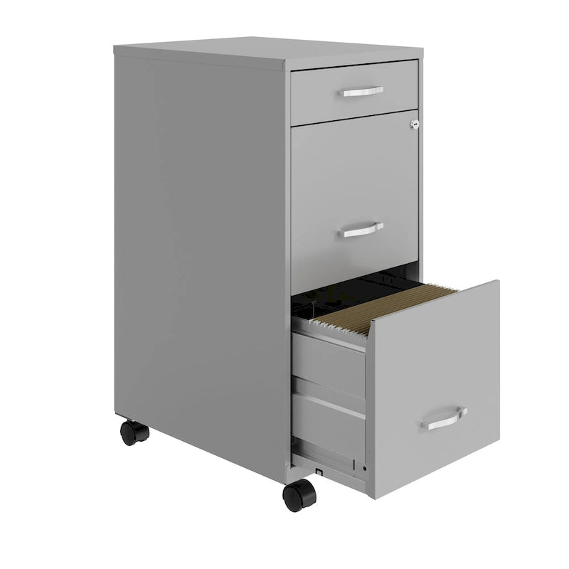 3-Drawer Metal File Cabinet 18in Deep - Silver, with Wheels and Lock