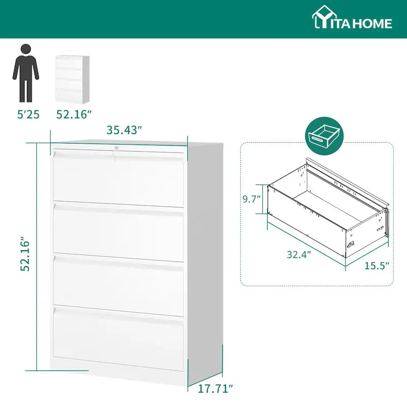 4-Drawer Lockable Steel Lateral File Cabinet for Letter and Legal Files
