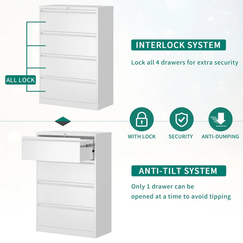 4-Drawer Lockable Steel Lateral File Cabinet for Letter and Legal Files