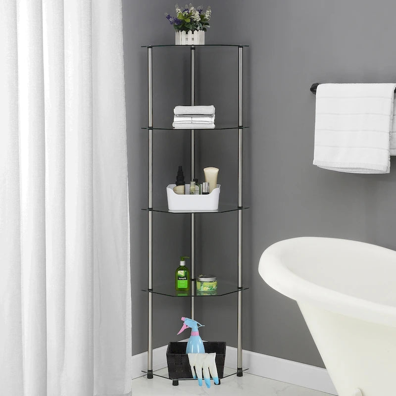 5-Tier Tempered Glass Corner Tower Shelf with Stainless Steel Legs