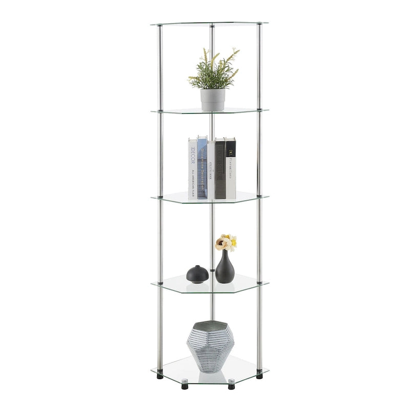 5-Tier Tempered Glass Corner Tower Shelf with Stainless Steel Legs
