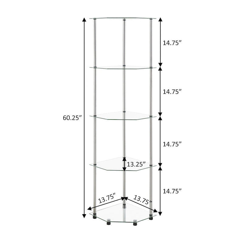 5-Tier Tempered Glass Corner Tower Shelf with Stainless Steel Legs