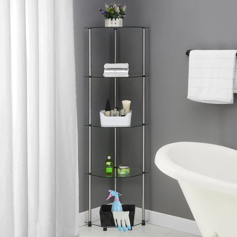 5-Tier Tempered Glass Corner Tower Shelf with Stainless Steel Legs