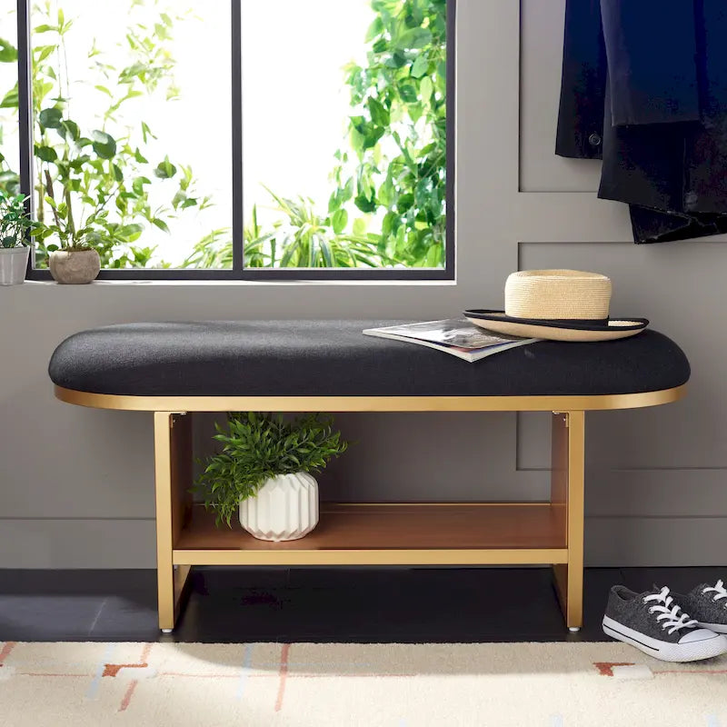 Cushioned Open Shelf Bench with Gold Metal Frame - Black, 42Wx17Dx18H