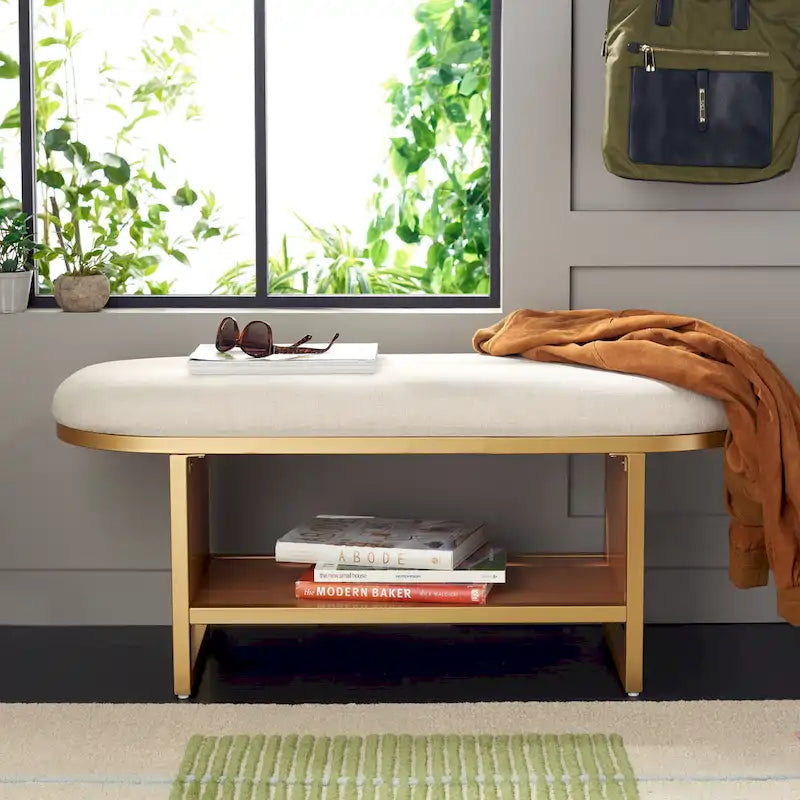Cushioned Open Shelf Bench with Gold Metal Frame - Black, 42Wx17Dx18H