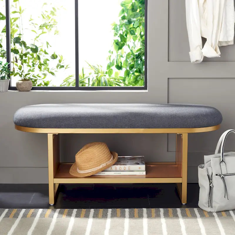 Cushioned Open Shelf Bench with Gold Metal Frame - Black, 42Wx17Dx18H