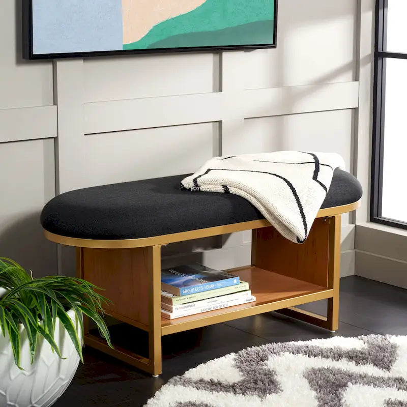 Cushioned Open Shelf Bench with Gold Metal Frame - Black, 42Wx17Dx18H