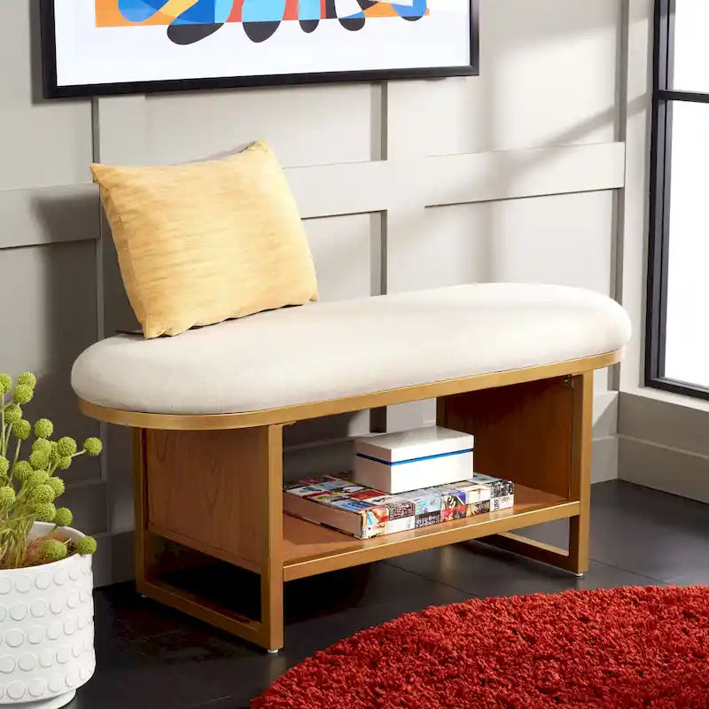 Cushioned Open Shelf Bench with Gold Metal Frame - Black, 42Wx17Dx18H