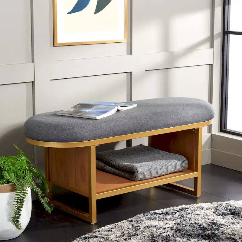Cushioned Open Shelf Bench with Gold Metal Frame - Black, 42Wx17Dx18H