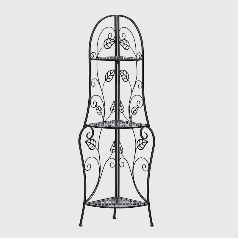 Decorative Black Metal Corner Shelf with 3 Tiers and Leaf Accents