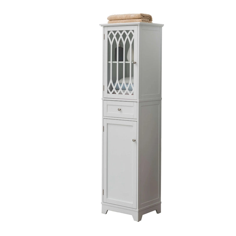 Tall White Bathroom Storage Cabinet with Glass Door, Drawer and Adjustable Shelves