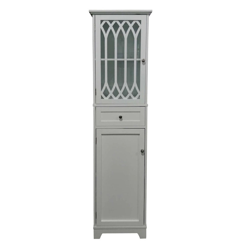 Tall White Bathroom Storage Cabinet with Glass Door, Drawer and Adjustable Shelves