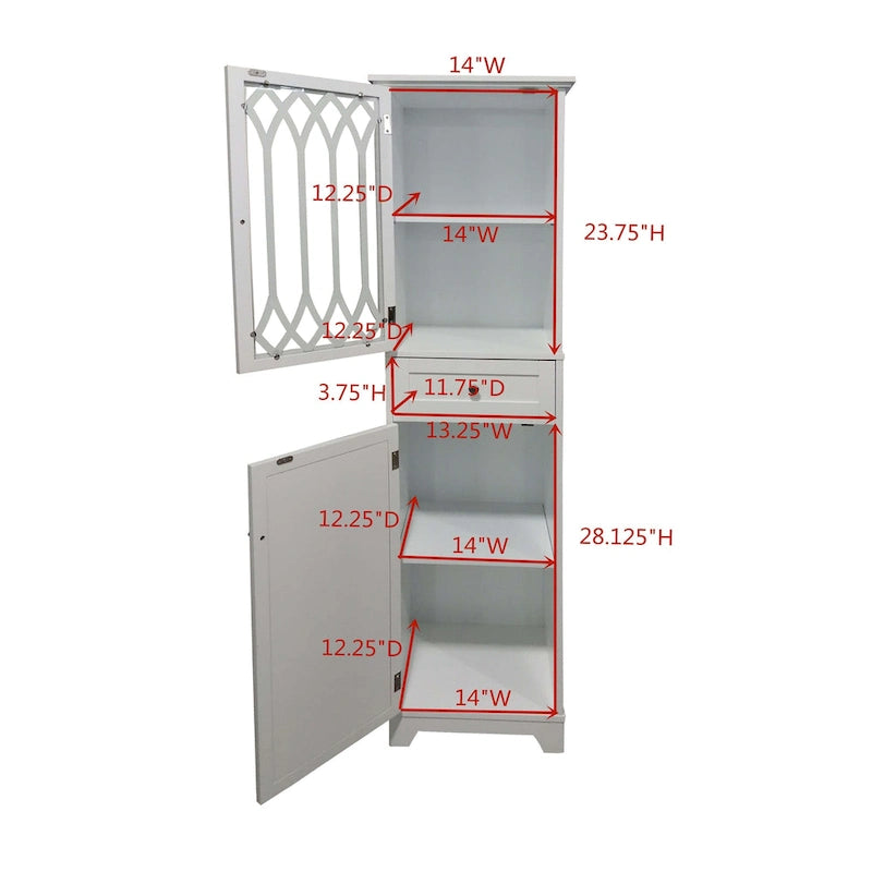Tall White Bathroom Storage Cabinet with Glass Door, Drawer and Adjustable Shelves