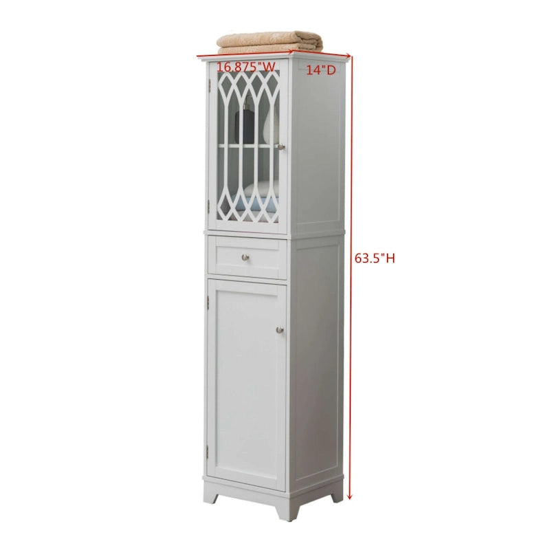Tall White Bathroom Storage Cabinet with Glass Door, Drawer and Adjustable Shelves