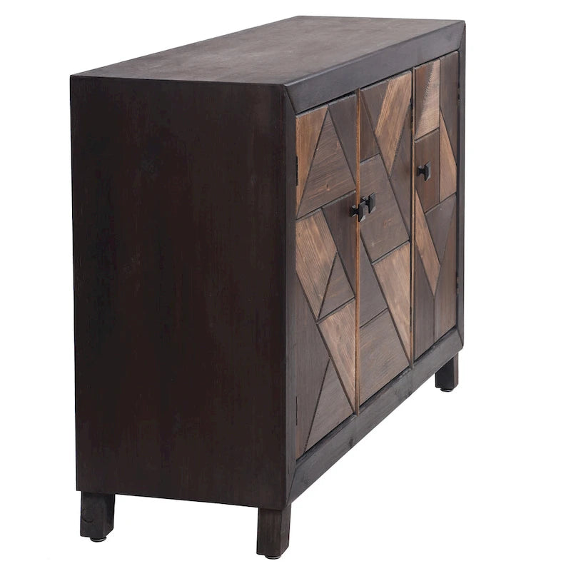Dark Brown 3-Door Credenza with Chevron Pattern and Metal Handles