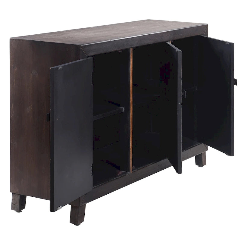 Dark Brown 3-Door Credenza with Chevron Pattern and Metal Handles