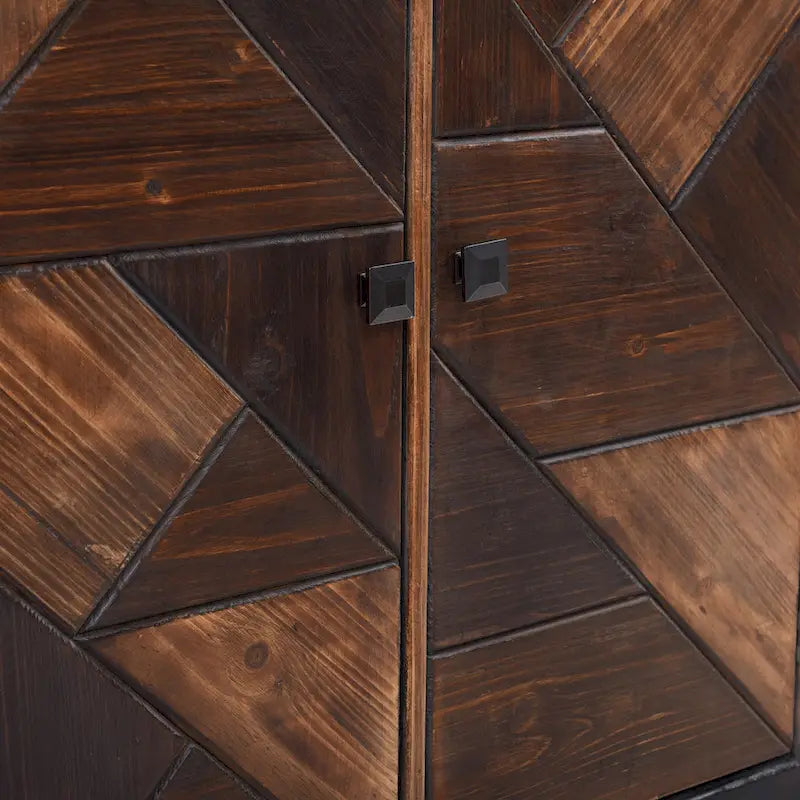 Dark Brown 3-Door Credenza with Chevron Pattern and Metal Handles