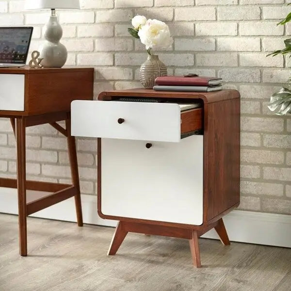 Mid-Century 2-Drawer File Cabinet with Wood Legs - Walnut and White Finish