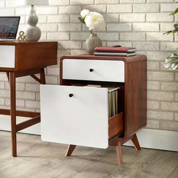 Mid-Century 2-Drawer File Cabinet with Wood Legs - Walnut and White Finish