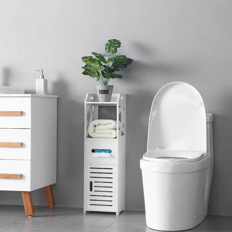 3-Tier Freestanding Bathroom Floor Storage Cabinet - White, Waterproof PVC
