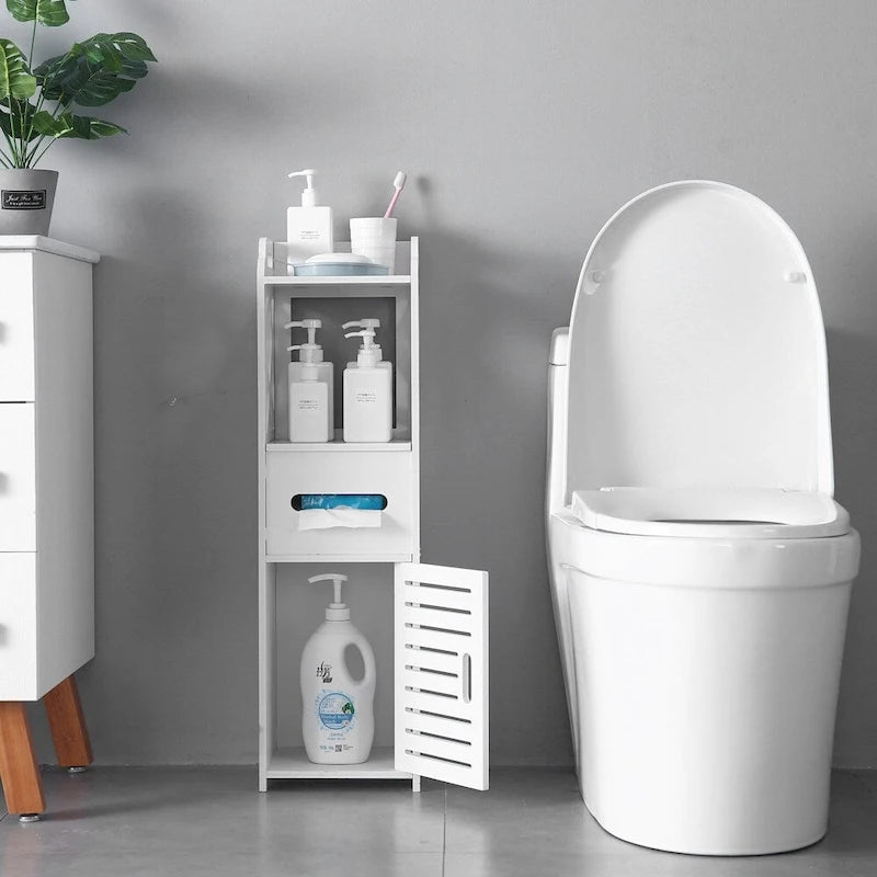 3-Tier Freestanding Bathroom Floor Storage Cabinet - White, Waterproof PVC