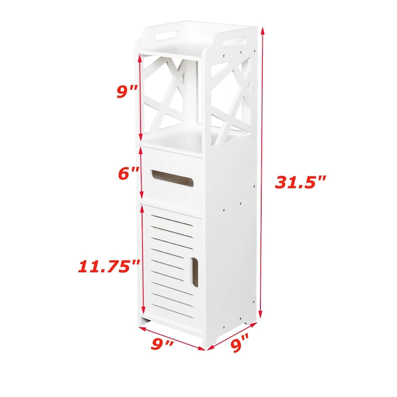 3-Tier Freestanding Bathroom Floor Storage Cabinet - White, Waterproof PVC