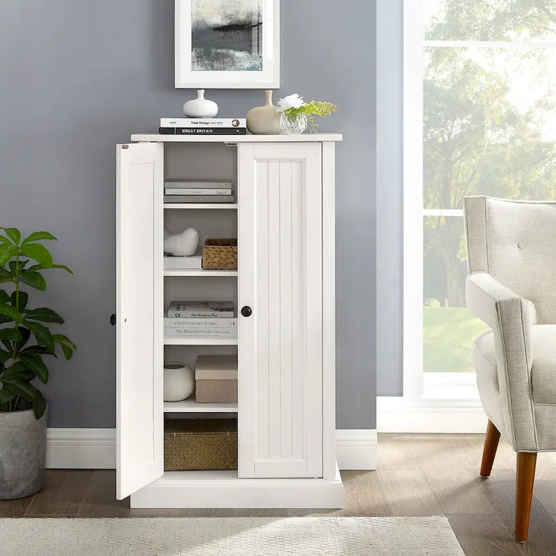 Distressed White Accent Cabinet with Double Doors and 4 Adjustable Shelves