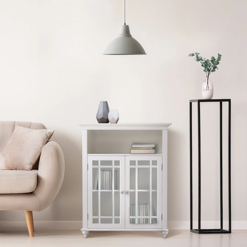Freestanding Bathroom Storage Cabinet with Double Glass Doors and Open Shelf - White