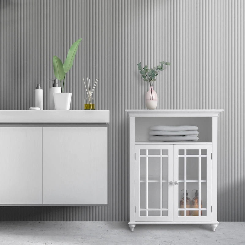Freestanding Bathroom Storage Cabinet with Double Glass Doors and Open Shelf - White