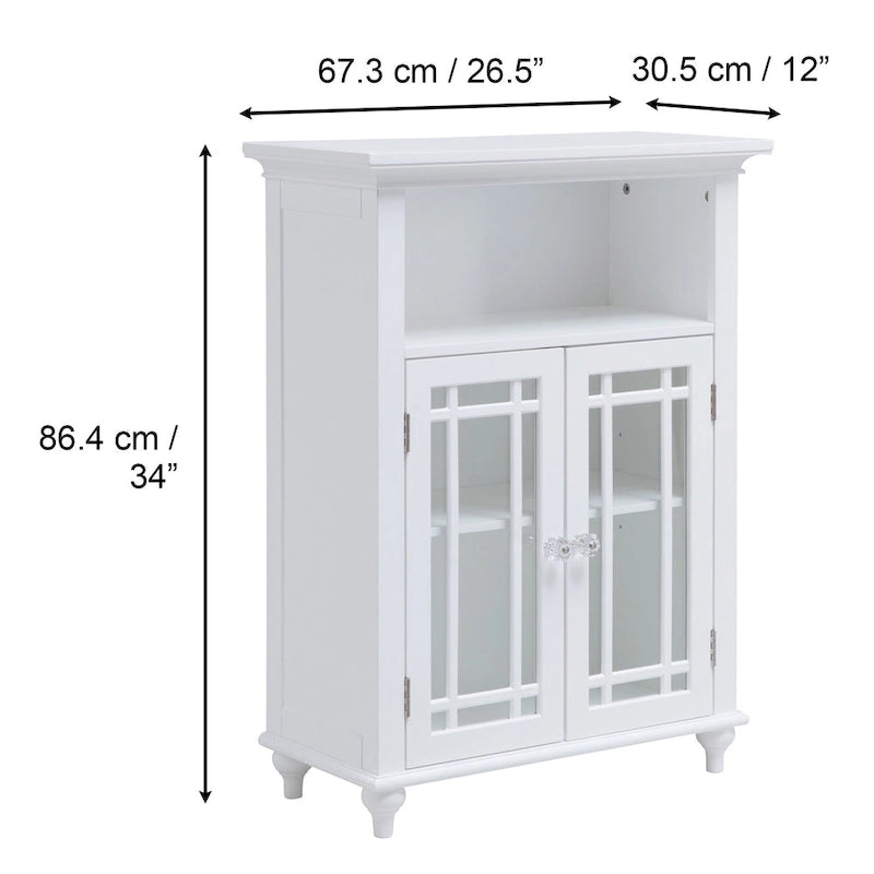 Freestanding Bathroom Storage Cabinet with Double Glass Doors and Open Shelf - White