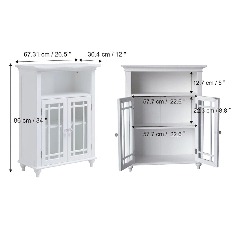 Freestanding Bathroom Storage Cabinet with Double Glass Doors and Open Shelf - White