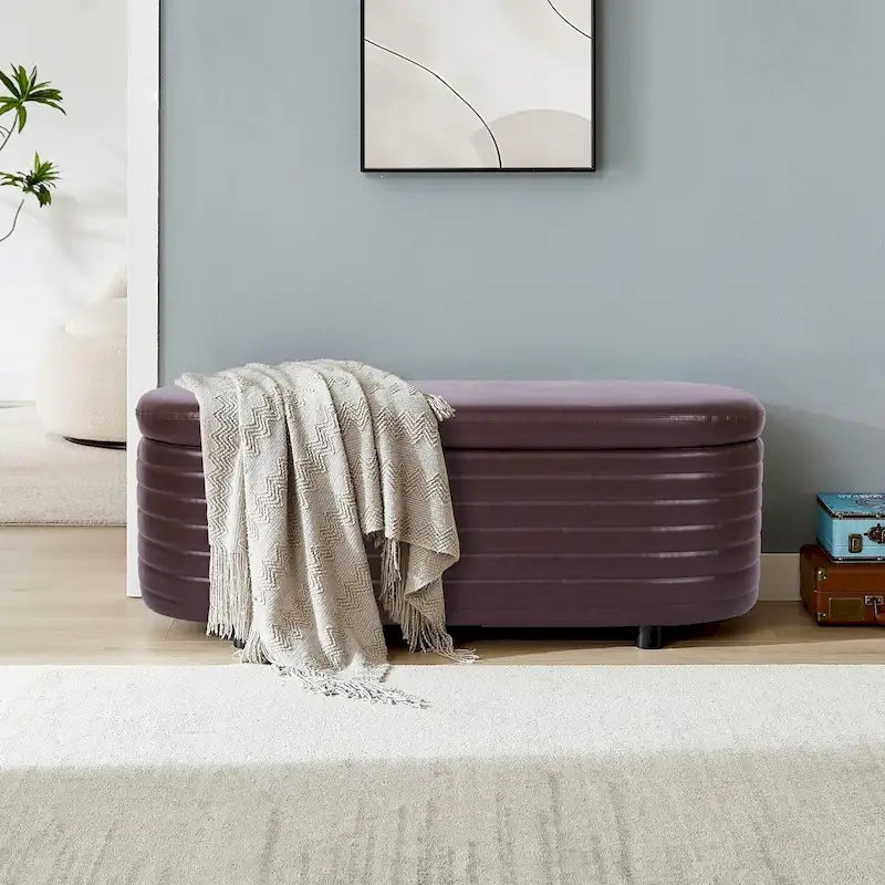 PU Leather Storage Ottoman Bench with Channel Tufting - Brown