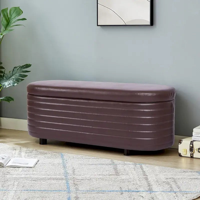 PU Leather Storage Ottoman Bench with Channel Tufting - Brown