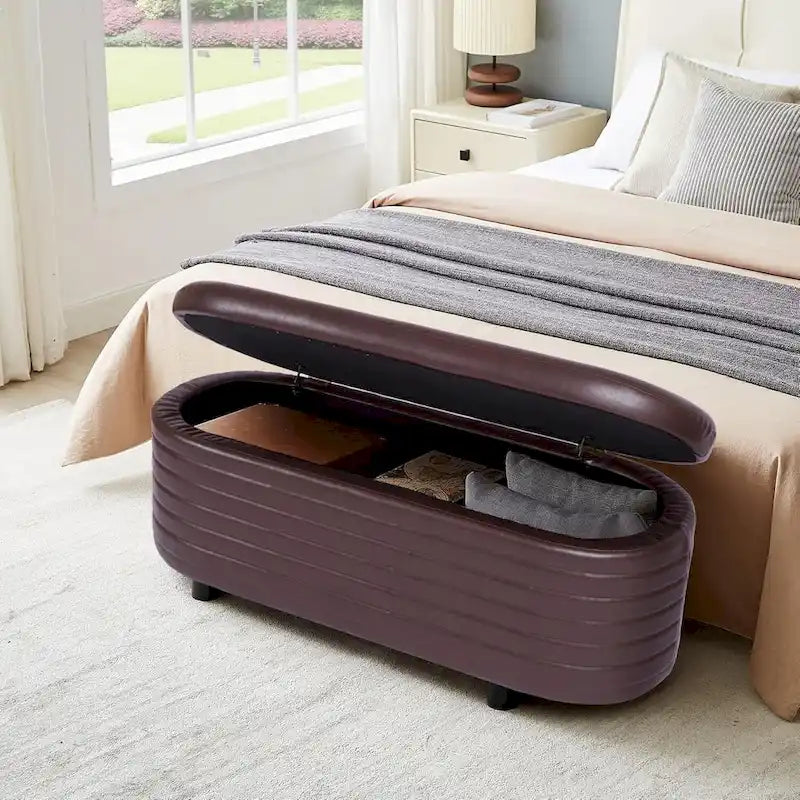 PU Leather Storage Ottoman Bench with Channel Tufting - Brown